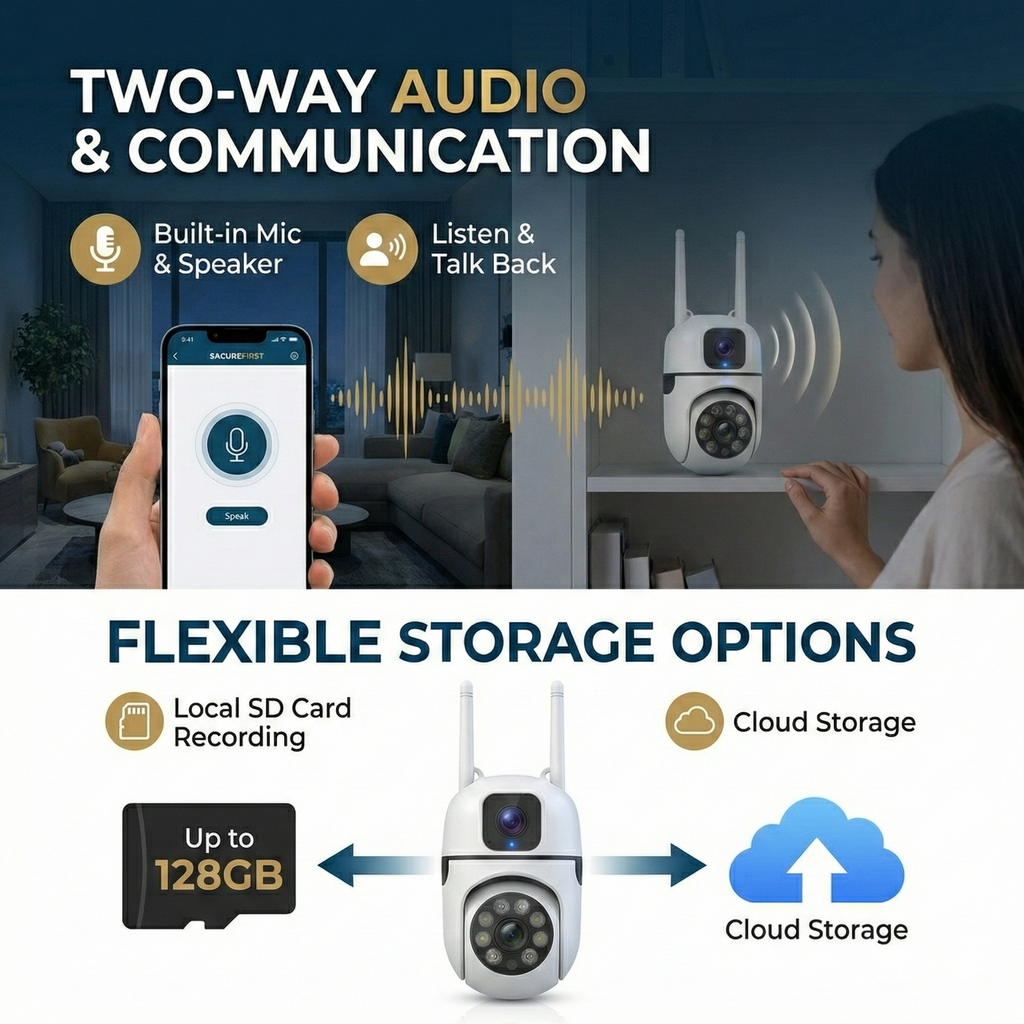 SecureFirst Ultra-HD Dual Lens WiFi Security Camera – 360° PTZ Indoor/Outdoor Surveillance with Color Night Vision, Motion Tracking, Two-Way Audio, & Remote App Monitoring