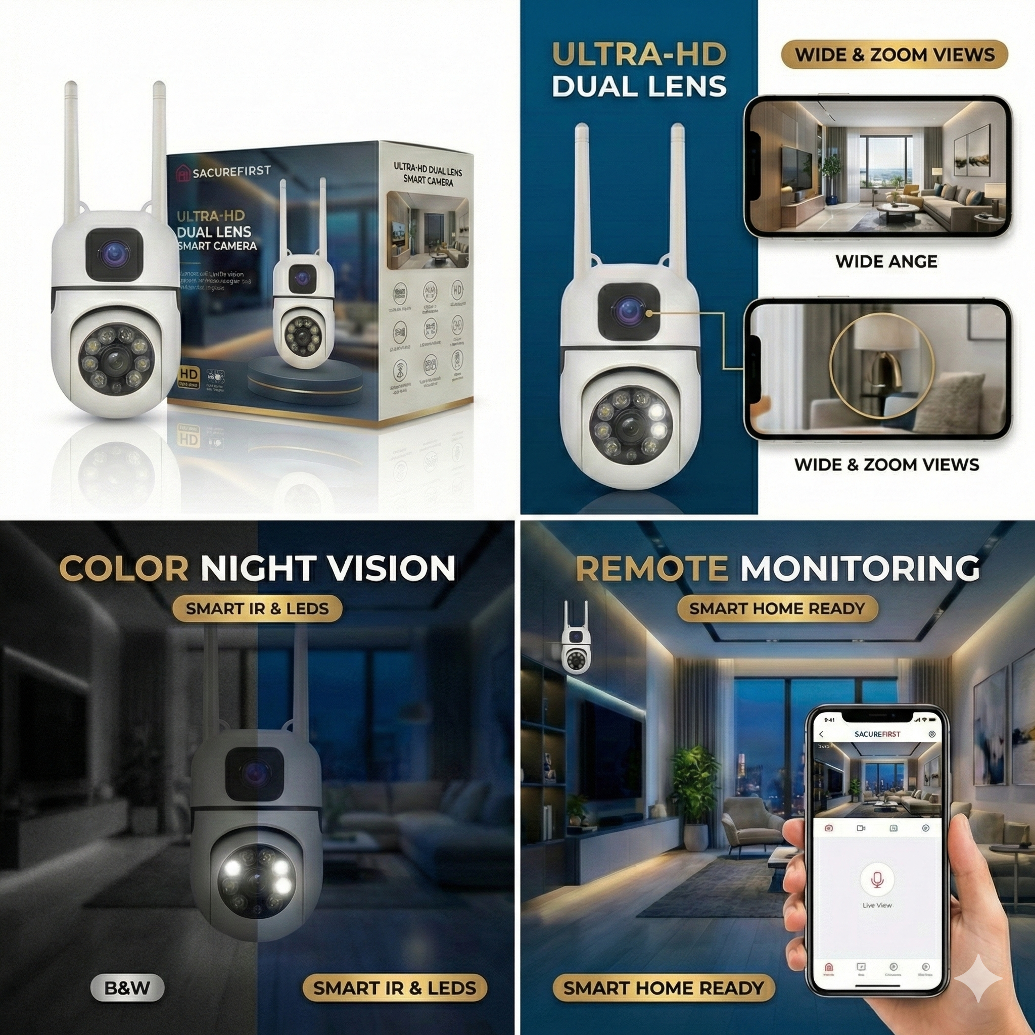 SecureFirst Ultra-HD Dual Lens WiFi Security Camera – 360° PTZ Indoor/Outdoor Surveillance with Color Night Vision, Motion Tracking, Two-Way Audio, & Remote App Monitoring