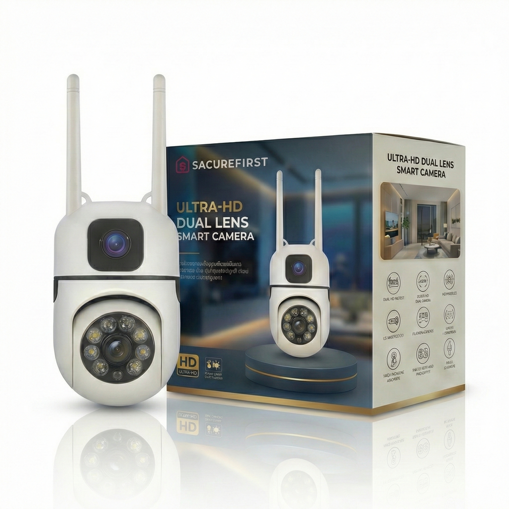 SecureFirst Ultra-HD Dual Lens WiFi Security Camera – 360° PTZ Indoor/Outdoor Surveillance with Color Night Vision, Motion Tracking, Two-Way Audio, & Remote App Monitoring