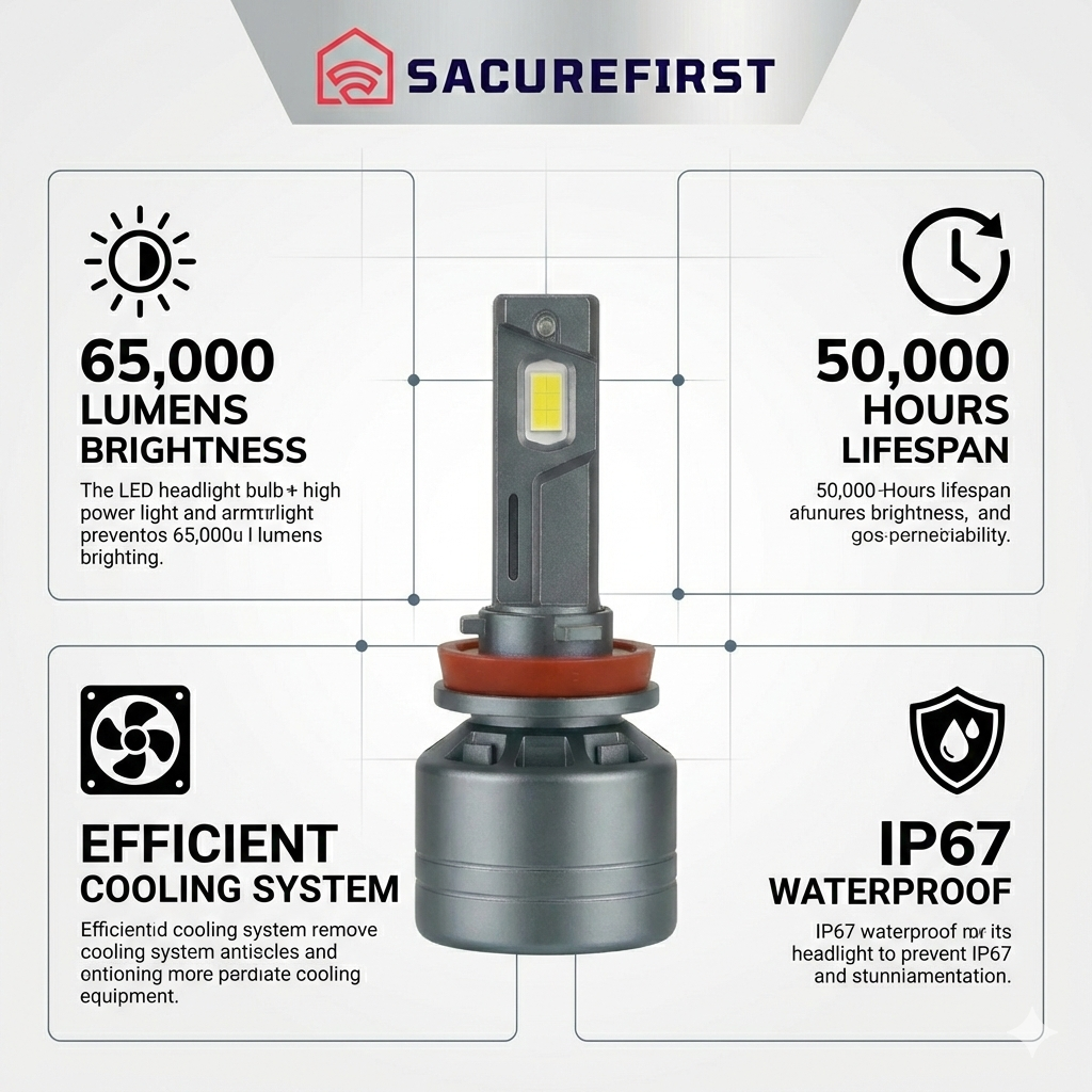 SACUREFIRST 400W 65,000LM LED Headlight Bulbs , 600% Brighter Canbus Ready Conversion Kit, 6500K Cool White High Power CSP Chips, IP67 Waterproof, 50,000+ Hrs Lifespan, 2-Year Warranty (Pack of 2)