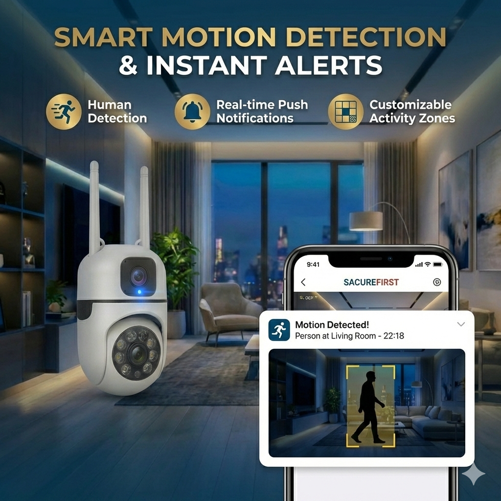 SecureFirst Ultra-HD Dual Lens WiFi Security Camera – 360° PTZ Indoor/Outdoor Surveillance with Color Night Vision, Motion Tracking, Two-Way Audio, & Remote App Monitoring